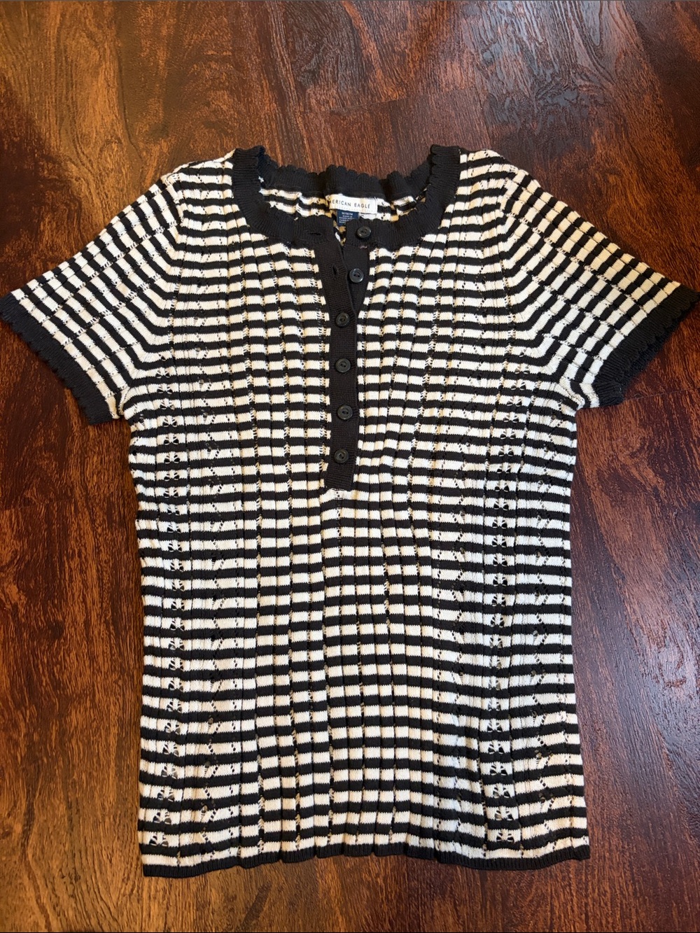 American Eagle Outfitters Black & White Striped Short-Sleeve Henley